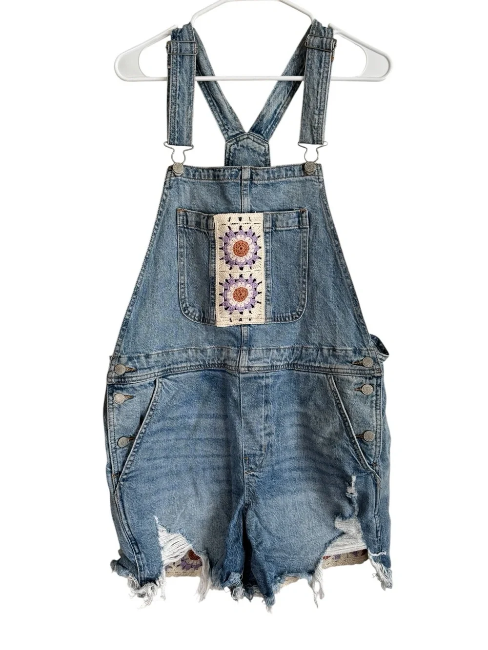 Lucky Brand Light Blue Denim Short Overalls with Crochet Panels - Picture 2 of 8